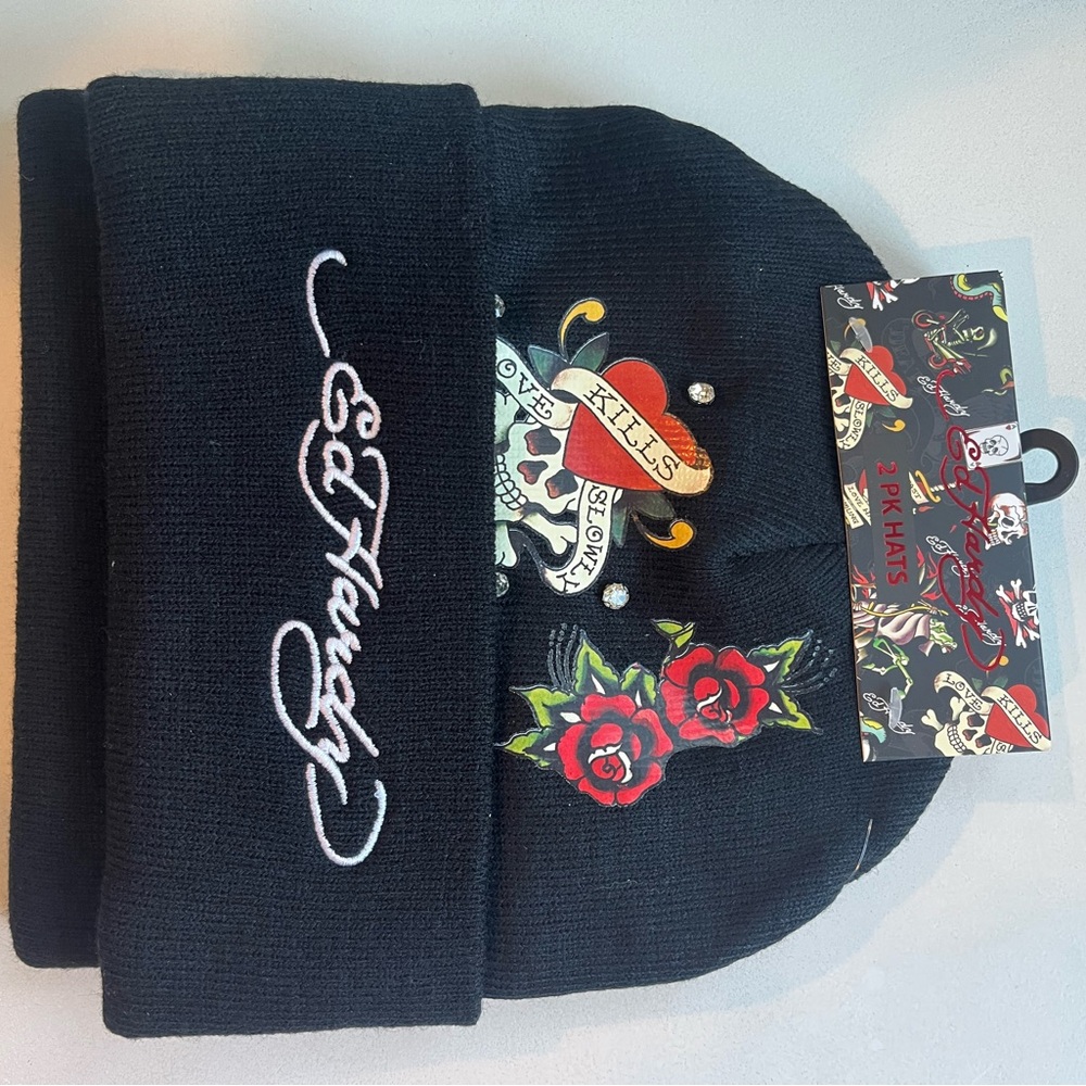 Ed Hardy Set of 2 Black Beanies with Skull and Roses